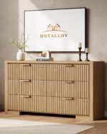 Fluted Dresser with 6 Drawers, 54" Wide Chest of Drawers with Metal Handle, Modern Storage Dressers Organizer for Living Room, Hallway, Bedroom Natural Oak - Image 6