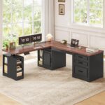 SEDETA Farmhouse L Shaped Electric Standing Desk, 63" x 67" Height Adjustable Office Executive Desk with Drawers and Shelves, Standing Computer Desks with Power Outlet for Home Office, Black+Brown - Image 4