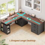 SEDETA Farmhouse L Shaped Electric Standing Desk, 63" x 67" Height Adjustable Office Executive Desk with Drawers and Shelves, Standing Computer Desks with Power Outlet for Home Office, Black+Brown - Image 6