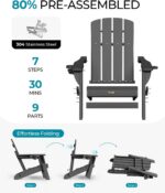 Folding Adirondack Chair, HDPE All-Weather Fire Pit Chairs, Plastic Adirondack Chairs with 2 Cup Holder, Outdoor Lawn Chair for Patio Garden (Grey) - Image 7