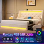 Rolanstar Queen Bed Frame with LED Lights and Charging Station, Upholstered Bed with Drawers, Wooden Slats, Noise Free, Easy Assembly, Beige - Image 4