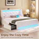 Rolanstar Queen Bed Frame with LED Lights and Charging Station, Upholstered Bed with Drawers, Wooden Slats, Noise Free, Easy Assembly, Beige - Image 7