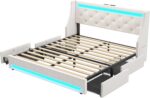 Rolanstar Queen Bed Frame with LED Lights and Charging Station, Upholstered Bed with Drawers, Wooden Slats, Noise Free, Easy Assembly, Beige - Image 9