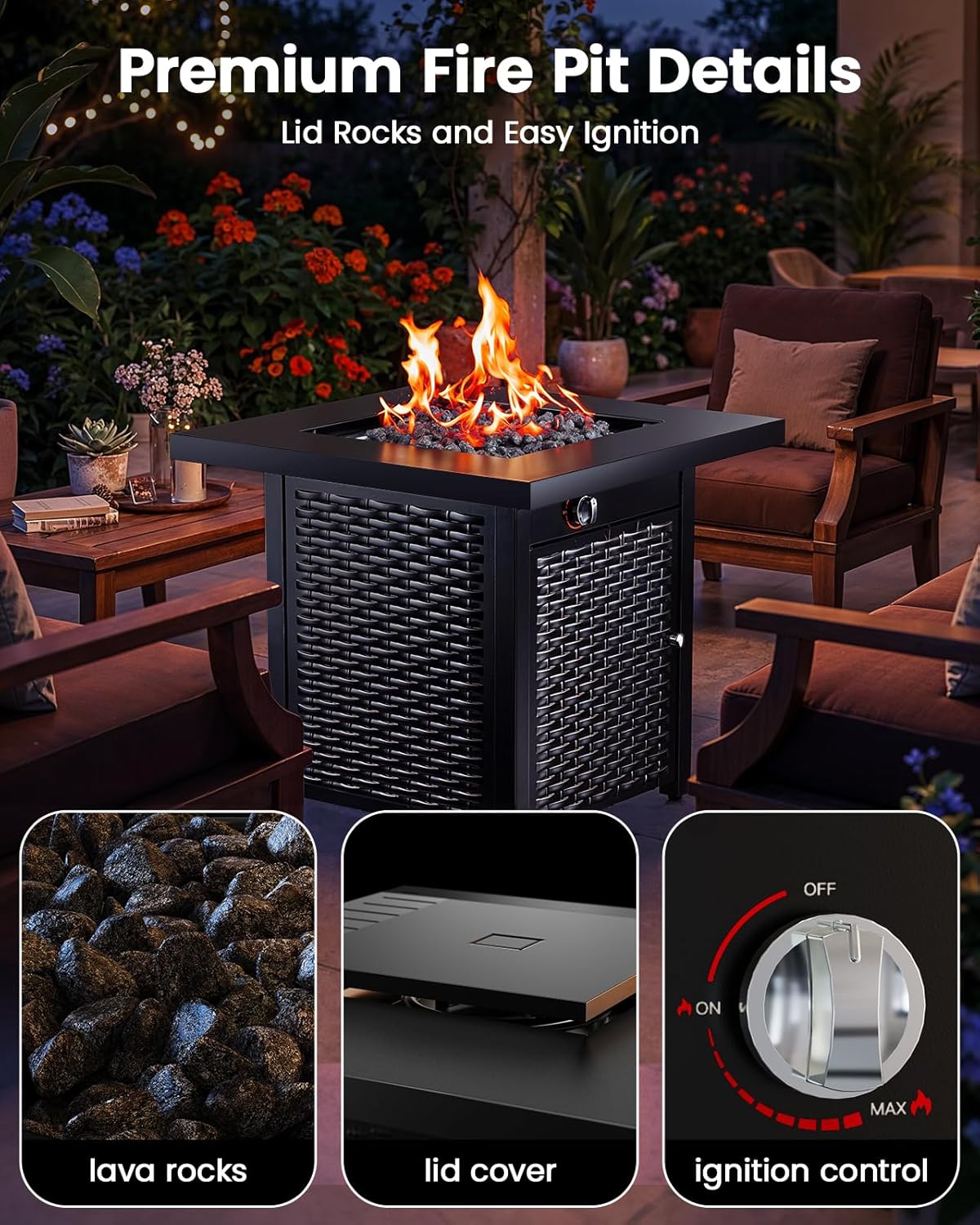 Ciays 28 Inch Propane Fire Pit CSA-Listed Outdoor Fire Pit Table, 50,000 BTU Steel Gas Fire Pits with Lid and Lava Rock, Add Warmth and Ambience to Parties On Patio Deck Garden,Black,CIFPT3-N1 - Image 5