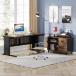 Tribesigns 63 Inch Executive Desk with File Cabinet, Large Office Desk L Shaped Computer Desk with Drawers and Storage Shelves, Business Furniture Desk Workstation for Home Office, Brown and Black - Image 5