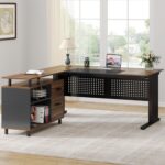 Tribesigns 63 Inch Executive Desk with File Cabinet, Large Office Desk L Shaped Computer Desk with Drawers and Storage Shelves, Business Furniture Desk Workstation for Home Office, Brown and Black - Image 6