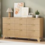Fluted Dresser for Bedroom with 9 Drawers, 57" Wide Modern Chest of Drawers with Metal Handle, Wooden Dresser TV Stand, Wood Closet Clothes Storage Organizer for Living Room, Hallway, Natural Oak - Image 5