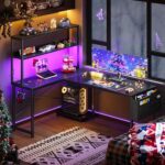 ODK 53 Inch L Shaped Gaming Desk with LED Lighting, Reversible Desk with Power Outlets, Cornor Computer Table with Storage Shelves & Bag & Iron Hook, Home Office Table for Writing, Study, Black - Image 3