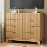 Fluted Dresser for Bedroom with 8 Drawers, 48" Wide Modern Chest of Drawers with Metal Handle, Wooden Dresser TV Stand, Wood Closet Clothes Storage Organizer for Living Room, Hallway, Natural Oak - Image 8