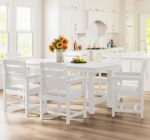 SERWALL 7-Piece Patio Dining Table Sets, Outdoor HDPE Dining Furniture Set with Umbrella Hole Cut-Out Table and 6 Chairs, White - Image 9