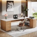 Tribesigns 85.8-Inch L-Shaped Executive Office Desk with File Drawers & Storage Cabinet, Professional Corner Computer Desk Extra Large Business Workstation with Adjustable Shelves (White&Walnut) - Image 6