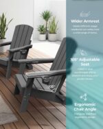 Folding Adirondack Chair 2 Pack, HDPE All-Weather Fire Pit Chairs, Plastic Adirondack Chairs with 2 Cup Holder, Outdoor Lawn Chair for Patio Garden (Grey) - Image 6