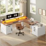 SEDETA Farmhouse L Shaped Standing Desk, 70.1" x 73.2" Height Adjustable Home Office Executive Desk with Drawers, Power Outlet, Monitor Stand, Sit Stand Table with Led Lights for Home Office, White - Image 10