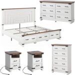 AMERLIFE 5-Piece Farmhouse Bedroom Set, Rustic Wood King Bed Frame with 51" Tall Headboard, 6-Drawer Dresser, 5-Drawer Tall Chest, Nightstands Set of 2 with Charging Station, White - Image 2