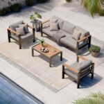 Aluminum Outdoor Patio Furniture Set with Coffee Table, 4 Piece Patio Conversation Sets with Washable Thick Cushions, Outdoor Sectional Furniture Set for Poolside, Balcony, Deck, Gray - Image 2