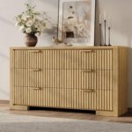 Fluted Dresser with 6 Drawers, 54" Wide Chest of Drawers with Metal Handle, Modern Storage Dressers Organizer for Living Room, Hallway, Bedroom Natural Oak - Image 2