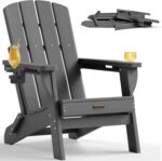 Folding Adirondack Chair, HDPE All-Weather Fire Pit Chairs, Plastic Adirondack Chairs with 2 Cup Holder, Outdoor Lawn Chair for Patio Garden (Grey) - Image 2