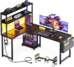ODK 53 Inch L Shaped Gaming Desk with LED Lighting, Reversible Desk with Power Outlets, Cornor Computer Table with Storage Shelves & Bag & Iron Hook, Home Office Table for Writing, Study, Black - Image 2