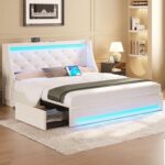 Rolanstar Queen Bed Frame with LED Lights and Charging Station, Upholstered Bed with Drawers, Wooden Slats, Noise Free, Easy Assembly, Beige - Image 2