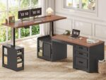 SEDETA Farmhouse L Shaped Electric Standing Desk, 63" x 67" Height Adjustable Office Executive Desk with Drawers and Shelves, Standing Computer Desks with Power Outlet for Home Office, Black+Brown - Image 2
