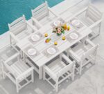SERWALL 7-Piece Patio Dining Table Sets, Outdoor HDPE Dining Furniture Set with Umbrella Hole Cut-Out Table and 6 Chairs, White - Image 2