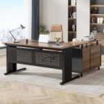 Tribesigns 63 Inch Executive Desk with File Cabinet, Large Office Desk L Shaped Computer Desk with Drawers and Storage Shelves, Business Furniture Desk Workstation for Home Office, Brown and Black - Image 2