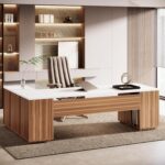 Tribesigns 85.8-Inch L-Shaped Executive Office Desk with File Drawers & Storage Cabinet, Professional Corner Computer Desk Extra Large Business Workstation with Adjustable Shelves (White&Walnut) - Image 2
