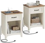 VASAGLE LIRY Collection - Farmhouse Nightstands with Charging Station, Set of 2 Bedside Tables, Side Tables with Drawer, Open Compartment, for Bedroom, Rustic White and Honey Brown ULET859K41 - Image 2