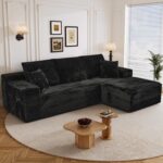 108" L Shaped Boneless Sectional Couches for Living Room, Comfy Corduroy Floor Cloud Sofa with Chaise, Wide Armrest, Deep Seat, Memory Foam, Assembly Free, Ideal for Small Spaces, Black - Image 2
