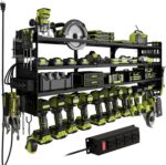 12 Cordless Drill Holder Large Power Tool Organizer Wall Mount with Side Pegboard & Screwdriver Holder, 4-Tier Heavy Duty Metal Tool Storage Rack with 4-Outlet Power Strip - Image 2