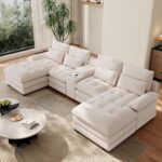 134"U Shaped Sectional Couch for Living Room, Modern Chenille 6 Seat Living Room Sofa Set with Storage Console, Oversized Modular Sectional Fluffy Couch with Tufted Buttons & Chaise Lounge,Beige - Image 2