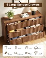 Fluted Walnut Dresser with 6 Drawers, 54" Wide Chest of Drawers with Metal Handle, Modern Storage Dressers Organizer for Living Room, Hallway, Bedroom - Image 6