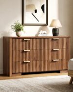 Fluted Walnut Dresser with 6 Drawers, 54" Wide Chest of Drawers with Metal Handle, Modern Storage Dressers Organizer for Living Room, Hallway, Bedroom - Image 7