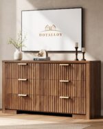 Fluted Walnut Dresser with 6 Drawers, 54" Wide Chest of Drawers with Metal Handle, Modern Storage Dressers Organizer for Living Room, Hallway, Bedroom - Image 8