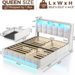 Rolanstar Queen Size Bed Frame with LED Lights and Charging Station, Upholstered Bed Storage Headboard & Drawers, Heavy Duty Wood Slats, Easy Assembly, White - Image 3
