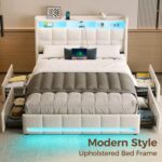 Rolanstar Queen Size Bed Frame with LED Lights and Charging Station, Upholstered Bed Storage Headboard & Drawers, Heavy Duty Wood Slats, Easy Assembly, White - Image 4