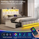 Rolanstar Queen Size Bed Frame with LED Lights and Charging Station, Upholstered Bed Storage Headboard & Drawers, Heavy Duty Wood Slats, Easy Assembly, White - Image 5
