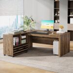 Tribesigns 62.2" Executive Desk with Mobile File Cabinet, L-Shaped Office Desk with Storage Shelves, Large Computer Desk Business Workstation Set for Home Office, Light Brown - Image 6