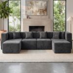 MONVANE Modular Sectional Cloud Couch for Living Room - 130'' 6 Seater Convertible Chenille Couches Set with Ottoman, No Assembly Compression Sofas, Comfy Floor Sofa with Memory Foam, Grey - Image 3