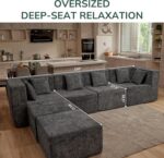 MONVANE Modular Sectional Cloud Couch for Living Room - 130'' 6 Seater Convertible Chenille Couches Set with Ottoman, No Assembly Compression Sofas, Comfy Floor Sofa with Memory Foam, Grey - Image 4