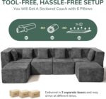 MONVANE Modular Sectional Cloud Couch for Living Room - 130'' 6 Seater Convertible Chenille Couches Set with Ottoman, No Assembly Compression Sofas, Comfy Floor Sofa with Memory Foam, Grey - Image 7