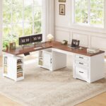 SEDETA Farmhouse L Shaped Electric Standing Desk, 63" x 67" Height Adjustable Home Office Executive Desk with Drawers, Standing Computer Desks with Power Outlet for Home Office, White+Brown - Image 4