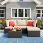 Vongrasig 5 Piece Patio Furniture Sets, Outdoor Patio Set Sectional Sofa, All-Weather PE Rattan Outdoor Couch with Ottoman, Glass Table for Garden, Backyard, Porch, Beige - Image 3