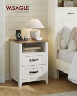 VASAGLE LIRY Collection - Farmhouse Nightstands with Charging Station, Set of 2 Bedside Tables, Side Tables with 2 Drawers, Open Compartment, for Bedroom, Rustic White and Honey Brown ULET869W01 - Image 3