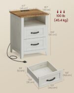 VASAGLE LIRY Collection - Farmhouse Nightstands with Charging Station, Set of 2 Bedside Tables, Side Tables with 2 Drawers, Open Compartment, for Bedroom, Rustic White and Honey Brown ULET869W01 - Image 4