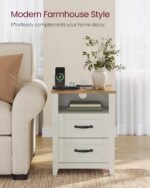 VASAGLE LIRY Collection - Farmhouse Nightstands with Charging Station, Set of 2 Bedside Tables, Side Tables with 2 Drawers, Open Compartment, for Bedroom, Rustic White and Honey Brown ULET869W01 - Image 5