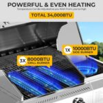 34,000 BTU 3-Burner Propane Gas Grill with Side Burner, All Stainless Steel BBQ Grill, Cast Iron Grates & Portable Cart with Wheels，Outdoor Barbecue Grill for Backyard, Patio, Camping (G31 PRO) - Image 7