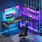 AODK L Shaped Desk Gaming Desk with LED Light & Power Outlet, 53 Inch Reversible L Shaped Computer Table with Shelf & Storage Bag & Hook for Home Office, Black - Image 3