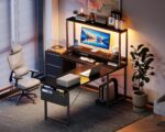 AODK L Shaped Desk Gaming Desk with LED Light & Power Outlet, 53 Inch Reversible L Shaped Computer Table with Shelf & Storage Bag & Hook for Home Office, Black - Image 8