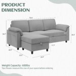 Convertible Sectional Couches Sofa, 3 Seat L Shaped Sofa with Removable Pillows Soft Corduroy Fabric Small Couch Mid Century for Living Room, Bed Room, Apartment and Office (Light Grey) - Image 3